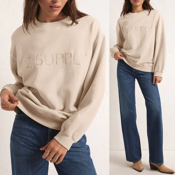 Z Supply Tops - NEW Syd Z Supply Embroidered Logo Sweatshirt Pullover M Stone Crewneck $79 NWT